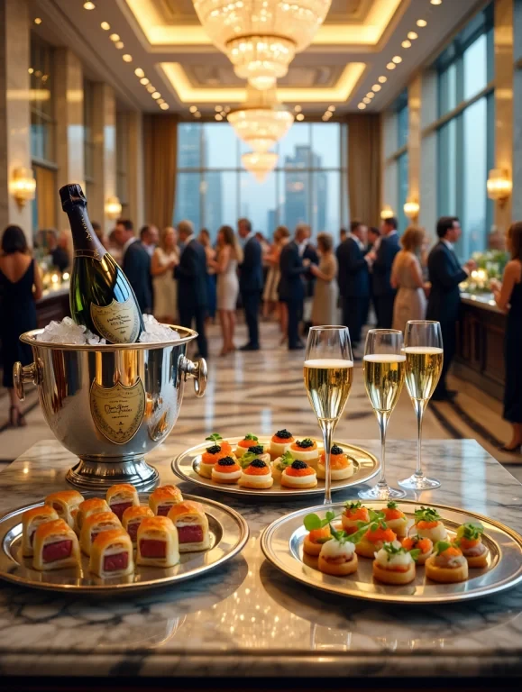 Elegant gathering with gourmet appetizers and champagne